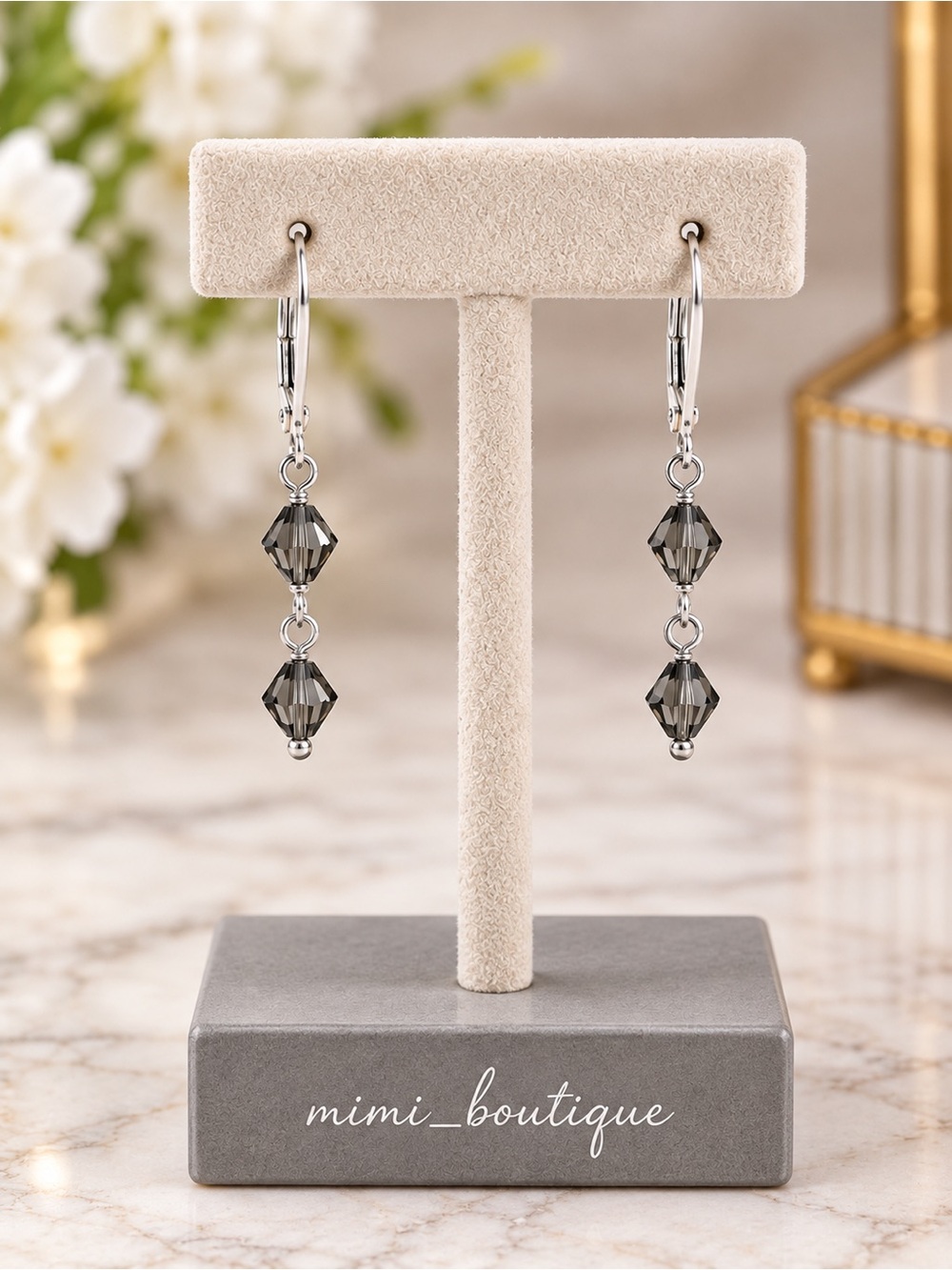 Handmade Swarovski Graphite Crystal Dangle Earrings Silver French Backs